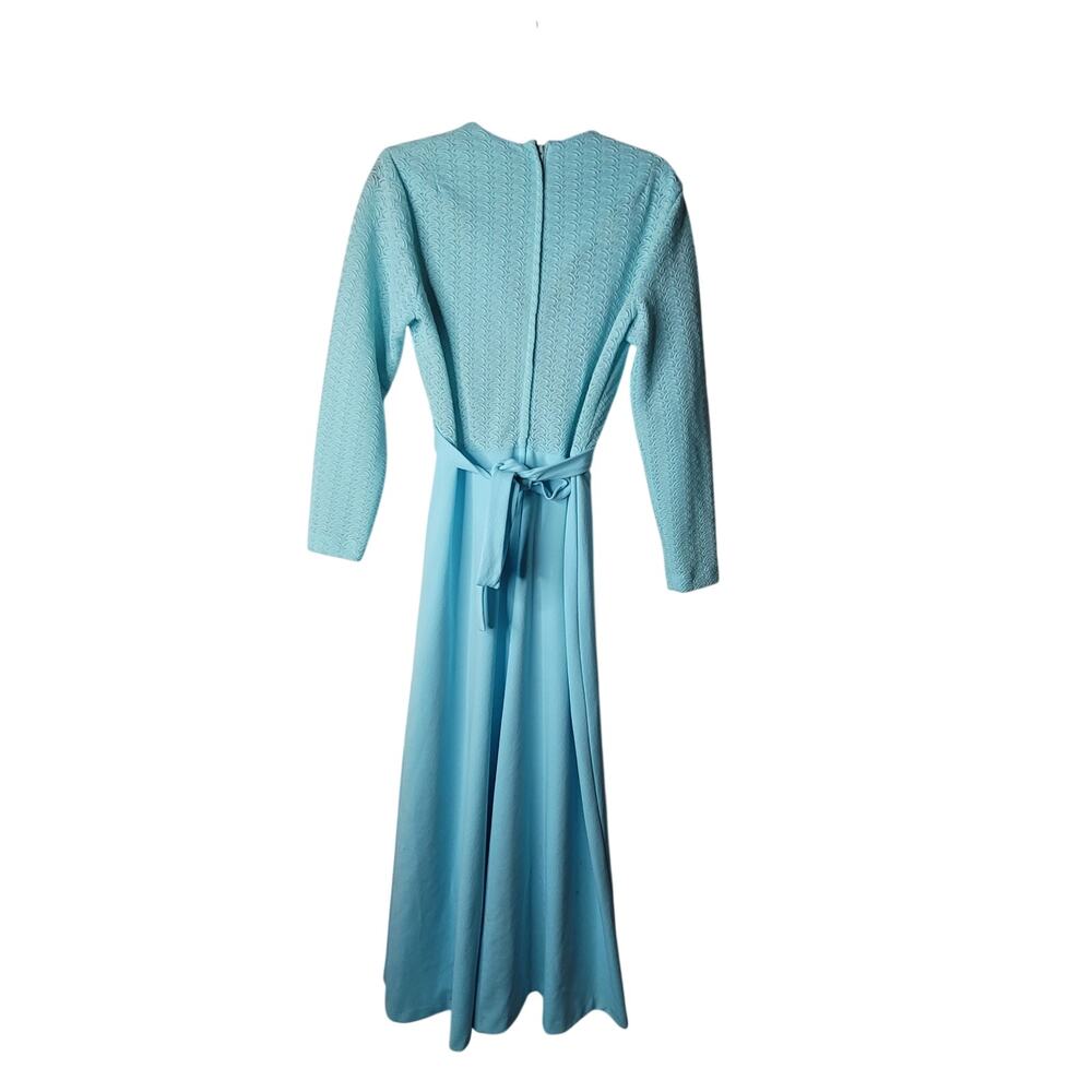 Vintage 70s Sears Blue Lace VNeck Maxi Dress Long Sleeve Mod Medium / Large Belt - Picture 3 of 9